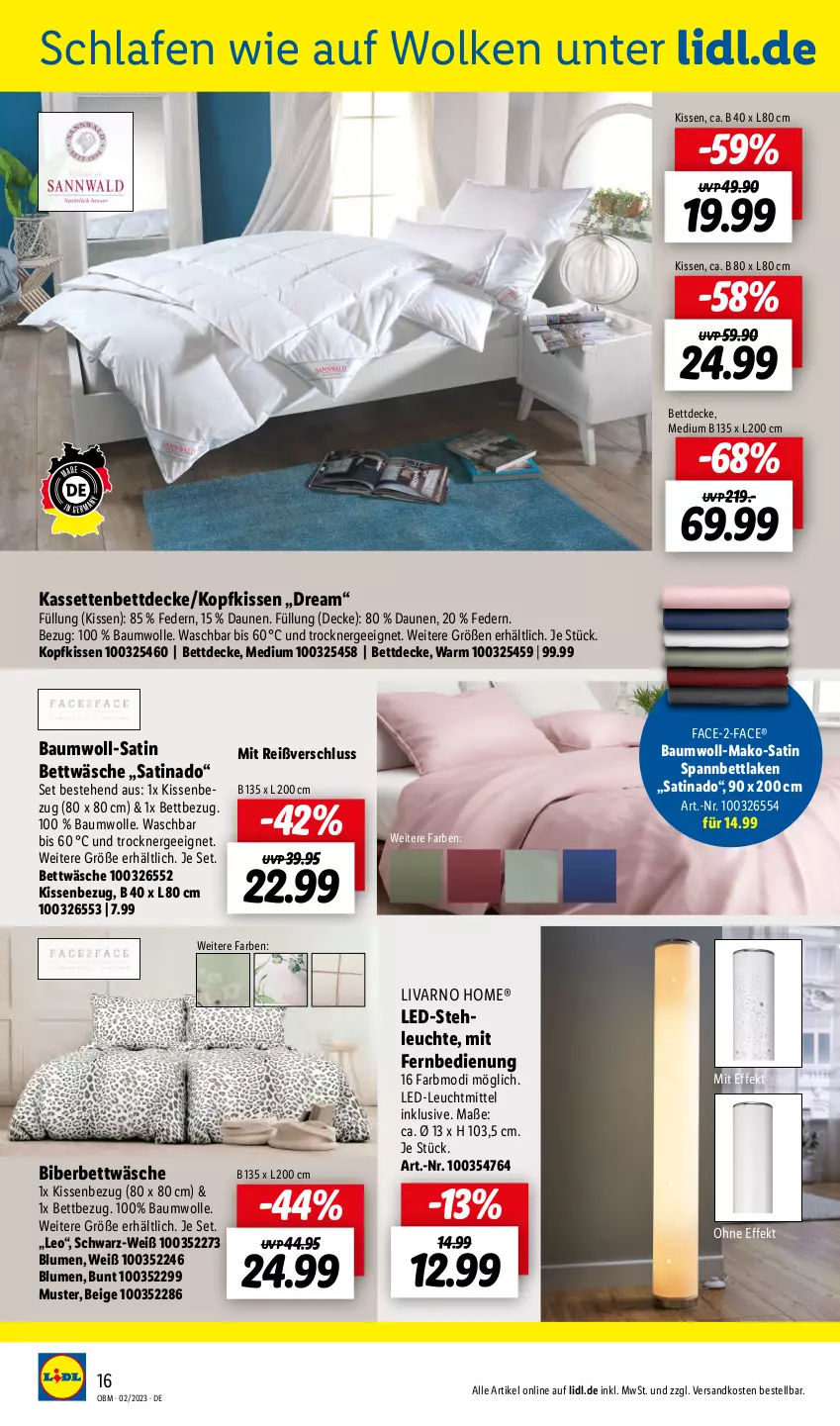 Aktueller Prospekt Lidl - Aktuelle Onlineshop-Highlights - von 01.02 bis 28.02.2023 - strona 16 - produkty: Bau, baumwolle, bett, bettwäsche, blume, blumen, decke, Ergee, fernbedienung, kissen, Kissenbezug, kopfkissen, led-stehleuchte, Leuchte, leuchtmittel, mit fernbedienung, ndk, spannbettlaken, stehleuchte, Ti, Trockner, wolle