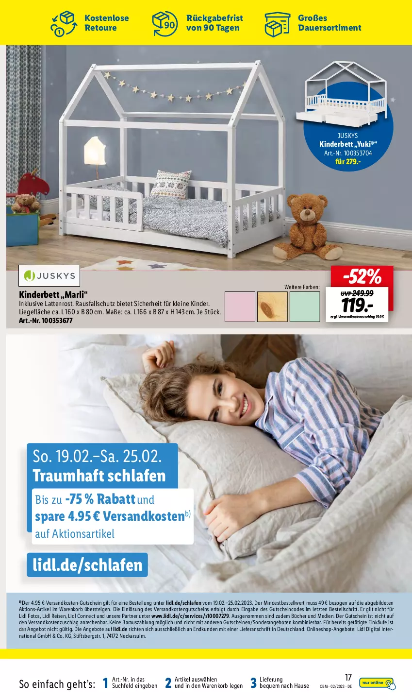 Aktueller Prospekt Lidl - Aktuelle Onlineshop-Highlights - von 01.02 bis 28.02.2023 - strona 17 - produkty: angebot, angebote, auer, bett, eis, gutschein, gutscheine, Kinder, Kinderbett, korb, latte, lattenrost, leine, LG, Liege, ndk, reis, Ti, ZTE