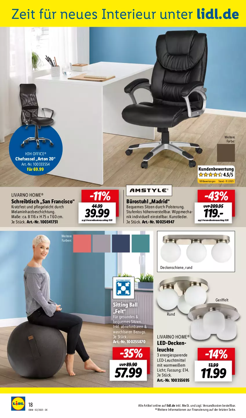 Aktueller Prospekt Lidl - Aktuelle Onlineshop-Highlights - von 01.02 bis 28.02.2023 - strona 18 - produkty: ball, chefsessel, decke, deckenleuchte, led-deckenleuchte, Leuchte, leuchtmittel, ndk, office, schreibtisch, sessel, stuhl, Ti, tisch, ZTE