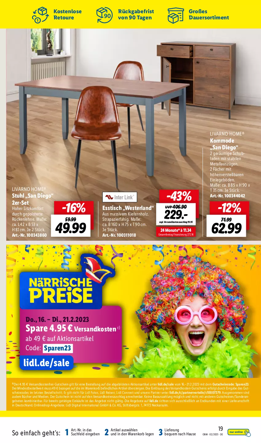 Aktueller Prospekt Lidl - Aktuelle Onlineshop-Highlights - von 01.02 bis 28.02.2023 - strona 19 - produkty: angebot, angebote, auer, eis, esstisch, gutschein, gutscheine, Holz, kommode, korb, LG, Mode, ndk, reis, rückenlehne, schubladen, stuhl, Ti, tisch, versandkostenfrei, Weste, ZTE