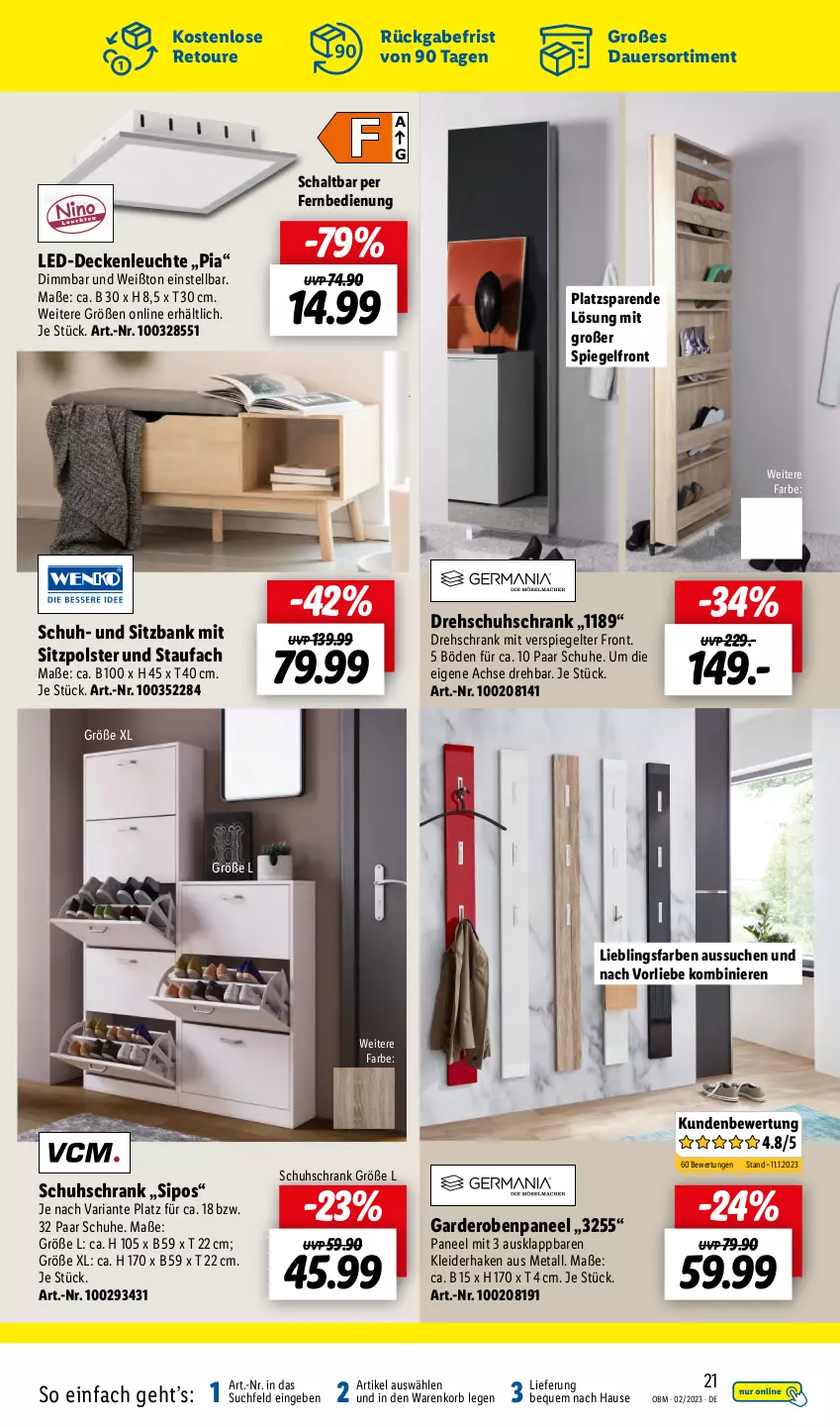 Aktueller Prospekt Lidl - Aktuelle Onlineshop-Highlights - von 01.02 bis 28.02.2023 - strona 21 - produkty: auer, Bank, decke, deckenleuchte, fernbedienung, Garderobe, kleid, kleider, korb, led-deckenleuchte, Leuchte, paar schuhe, paneel, Ria, Schal, Schrank, schuhe, schuhschrank, sitzbank, spiegel, Ti