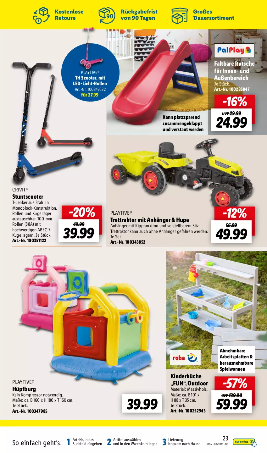 Aktueller Prospekt Lidl - Aktuelle Onlineshop-Highlights - von 01.02 bis 28.02.2023 - strona 23 - produkty: Anhänger, arbeitsplatte, auer, aust, crivit, erde, Holz, Hüpfburg, Kinder, kompressor, korb, küche, Kugel, latte, led-licht, massivholz, Ria, scooter, Ti, Wanne