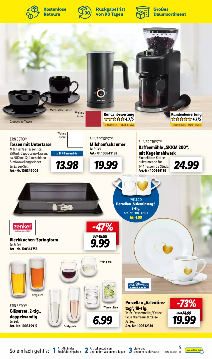 Aktueller Prospekt Lidl - Aktuelle Onlineshop-Highlights - von 01.02 bis 28.02.2023 - strona 5 - produkty: auer, bier, Cap, cappuccino, cin, dessert, Dessertteller, elle, ernesto, Gläser, kaffee, Kaffeemühle, korb, kuchen, LG, mikrowelle, milch, milchaufschäumer, ring, sekt, silvercrest, Springform, spülmaschinen, tasse, teller, Ti, wasser, wein, Weingläser