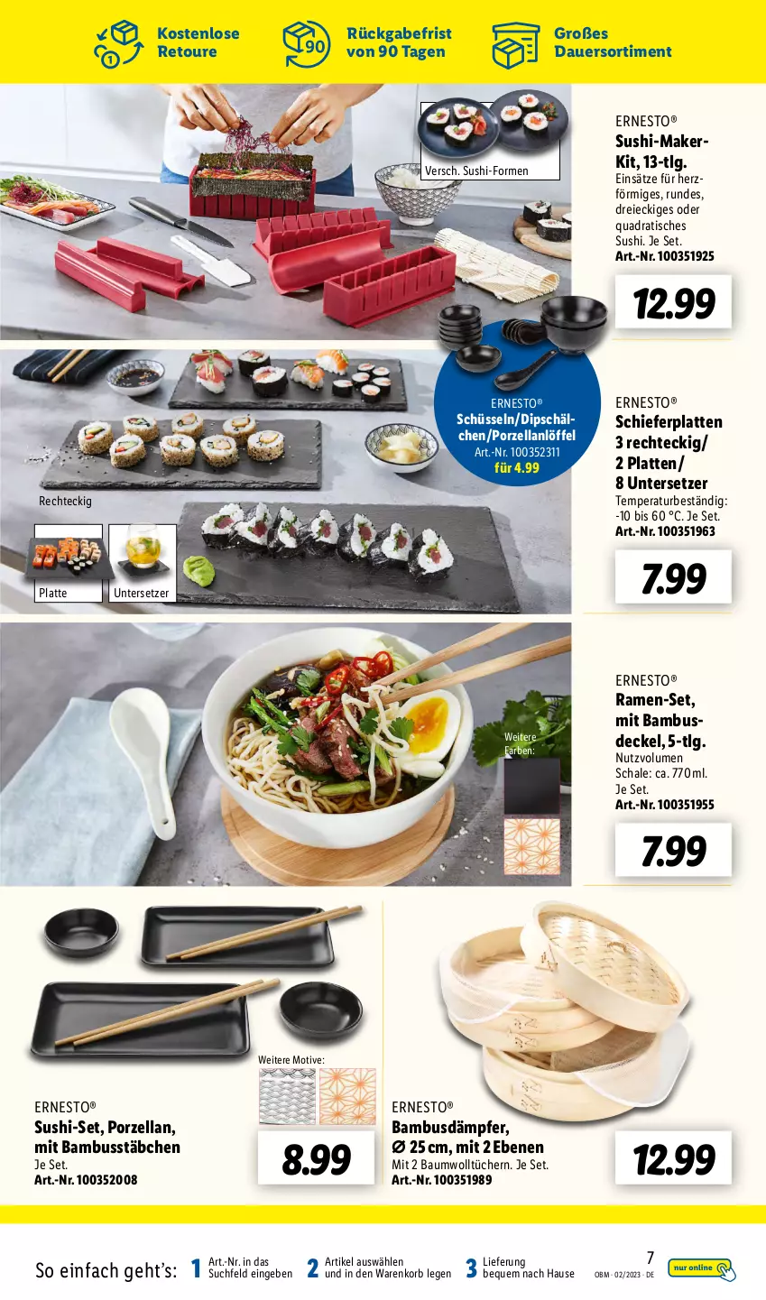 Aktueller Prospekt Lidl - Aktuelle Onlineshop-Highlights - von 01.02 bis 28.02.2023 - strona 7 - produkty: auer, bambus, Bau, decke, Deckel, dip, ernesto, korb, latte, LG, Löffel, quad, Schal, Schale, schüssel, Sushi, Ti, tisch, tücher, Untersetzer