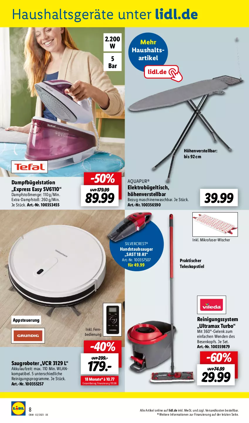 Aktueller Prospekt Lidl - Aktuelle Onlineshop-Highlights - von 01.02 bis 28.02.2023 - strona 8 - produkty: akku, aqua, AquaPur, bügel, Bügelstation, bügeltisch, dampfbügelstation, Elektro, fernbedienung, handstaubsauger, Haushaltsgeräte, mikrofaser, ndk, rama, Reinigung, Saugroboter, silvercrest, staubsauger, Teleskop, teleskopstiel, Ti, tisch, ZTE