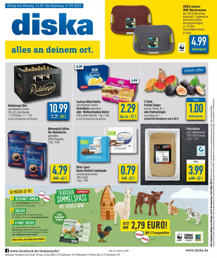 Aktueller Prospekt Diska - Prospekte - von 12.09 bis 17.09.2022 - strona 1 - produkty: aktionspreis, angebot, angebote, Becher, Berger, bier, butter, cin, Clin, deka, eis, Feigen, fleisch, fleischkäse, kaffee, Käse, mac, milch, mövenpick, mövenpick kaffee, radeberger, reis, ritter, ritter sport, sac, salz, Schleich, schoko, schokolade, Sport, Ti, Wanne, weihenstephan, ZTE