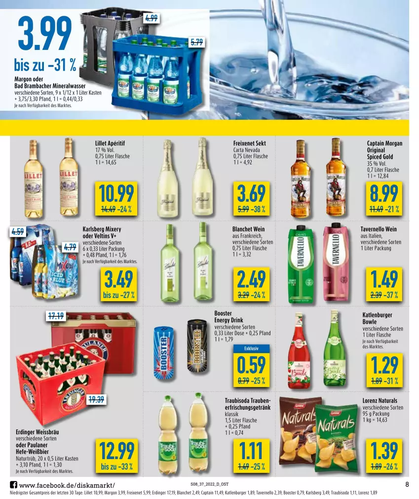 Aktueller Prospekt Diska - Prospekte - von 12.09 bis 17.09.2022 - strona 8 - produkty: aperitif, Bad, bier, bowle, burger, Cap, captain morgan, drink, eis, energy drink, erdinger, erfrischungsgetränk, flasche, freixenet, getränk, gin, Hefe, karlsberg, karlsberg mixery, katlenburger, lillet, lorenz, Mixer, mixery, natur, natura, Paula, paulaner, reis, sekt, Soda, Ti, Traubisoda, veltins, vernel, wasser, wein, ZTE