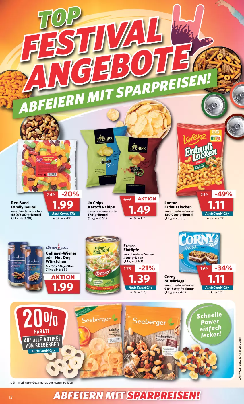 Aktueller Prospekt Combi - Prospekte - von 30.05 bis 03.06.2023 - strona 16 - produkty: Berger, beutel, chips, corny, eier, eintöpfe, eis, erasco, erdnuss, Geflügel, hot dog, kartoffel, kartoffelchips, lorenz, müsli, Müsliriegel, nuss, reis, riegel, seeberger, Ti, wiener, würstchen, ZTE