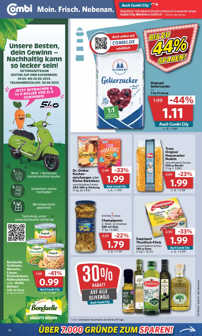 Aktueller Prospekt Combi - Prospekte - von 30.05 bis 03.06.2023 - strona 18 - produkty: angebot, angebote, beutel, bohne, bohnen, bonduelle, bonduelle goldmais, champignon, champignons, Dr. Oetker, eis, elle, erbsen, filet, filets, fisch, gelierzucker, gin, Goldmais, Hausmacher, kichererbsen, kidney, kuchen, leine, linsen, mac, mais, nudel, nudeln, olive, oliven, olivenöl, reis, saupiquet, thunfisch, Weiße Bohnen, ZTE, zucker