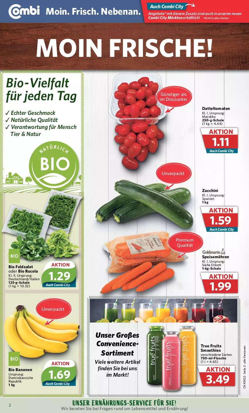 Aktueller Prospekt Combi - Prospekte - von 30.05 bis 03.06.2023 - strona 2 - produkty: angebot, angebote, banane, bananen, bio, cola, datteltomaten, discount, eis, feldsalat, flasche, lebensmittel, mac, möhren, natur, rucola, salat, Schal, Schale, smoothie, smoothies, speisemöhren, Ti, tomate, tomaten, true fruits, zucchini