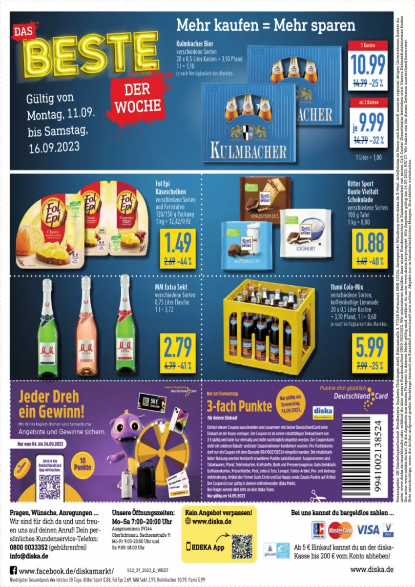 Aktueller Prospekt Diska - Prospekte - von 11.09 bis 16.09.2023 - strona 12 - produkty: angebot, angebote, asti, cola, coupon, deka, eis, erde, fanta, flasche, fol epi, limo, limonade, mac, reis, ritter, ritter sport, sac, schoko, schokolade, sekt, Sport, tee, telefon, Ti, tisch, uhr, usb, ZTE