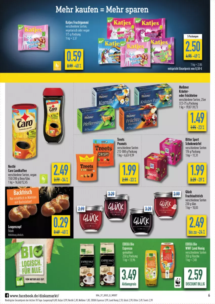 Aktueller Prospekt Diska - Prospekte - von 11.09 bis 16.09.2023 - strona 6 - produkty: aufstrich, bio, deka, discount, edeka bio, eis, espresso, frucht, fruchtaufstrich, früchte, Früchtetee, fruchtgummi, honig, kaffee, katjes, kräuter, Meßmer, ndk, reis, ritter, ritter sport, schoko, schokowürfel, Sport, tee, Ti, würfel, ZTE