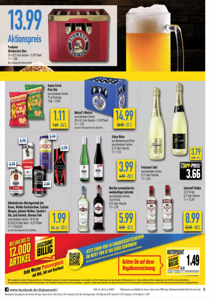 Aktueller Prospekt Diska - Prospekte - von 11.09 bis 16.09.2023 - strona 8 - produkty: aktionspreis, aldi, alkohol, Bad, bier, Cap, deka, discount, eis, flasche, freixenet, funny-frisch, getränk, getränke, gin, Gorbatschow, gordon, Gordon’s, jack daniel, jack daniels, johnnie walker, mais, martini, nivea, nuss, Paula, paulaner, reis, sac, smirnoff, Ti, vodka, wein, wodka, ZTE