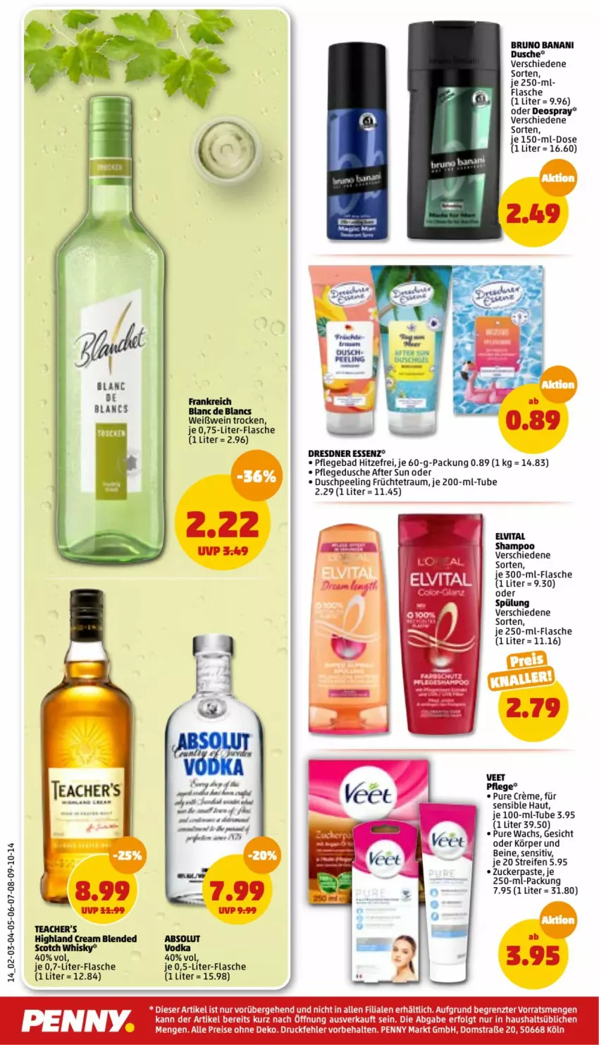 Aktueller Prospekt Penny - Prospekte - von 08.08 bis 13.08.2022 - strona 14 - produkty: after sun, Bad, blended scotch, blended scotch whisky, bruno banani, creme, de blancs, deo, deospray, dusche, eis, flasche, früchte, HP, LG, oder deospray, Peeling, pflegedusche, reifen, reis, scotch, scotch whisky, shampoo, spülung, Ti, veet, vita, wein, Weißwein, whisky, ZTE, zucker