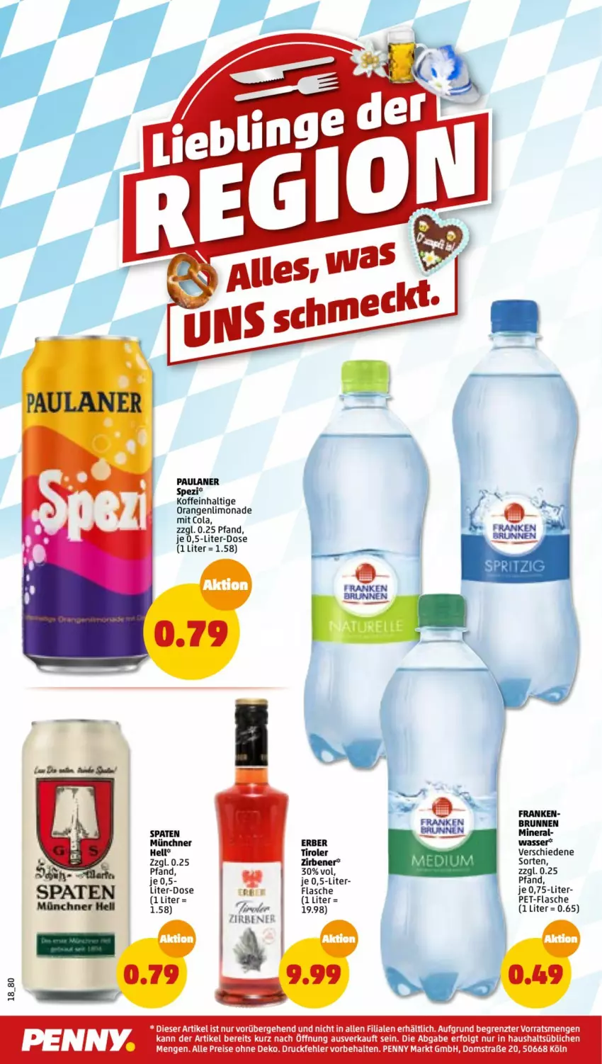 Aktueller Prospekt Penny - Prospekte - von 08.08 bis 13.08.2022 - strona 18 - produkty: brunnen, cola, eis, flasche, LG, limo, limonade, orange, orangen, Paula, paulaner, reis, Spaten, Spezi, Ti, wasser, ZTE