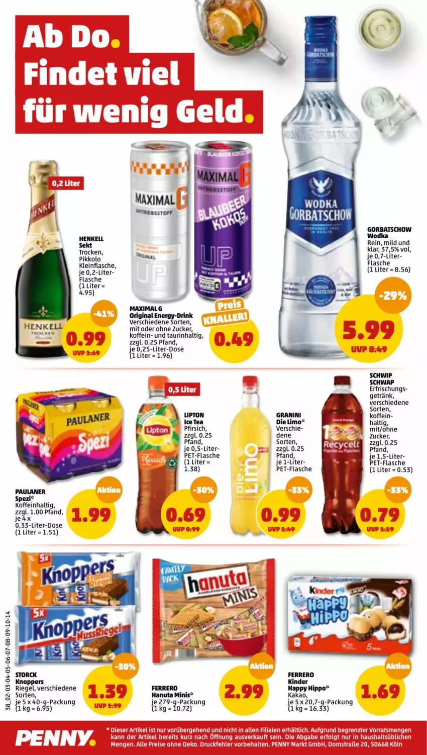 Aktueller Prospekt Penny - Prospekte - von 08.08 bis 13.08.2022 - strona 38 - produkty: drink, elle, feta, flasche, getränk, gin, Gorbatschow, gorbatschow wodka, granini, granini die limo, hanuta, henkel, henkell, henkell sekt, hipp, ice tea, kakao, Kinder, knoppers, limo, Paula, paulaner, pet-flasche, pfirsich, riegel, Schwip Schwap, sekt, storck, tee, Ti, tuc, wodka, ZTE, zucker