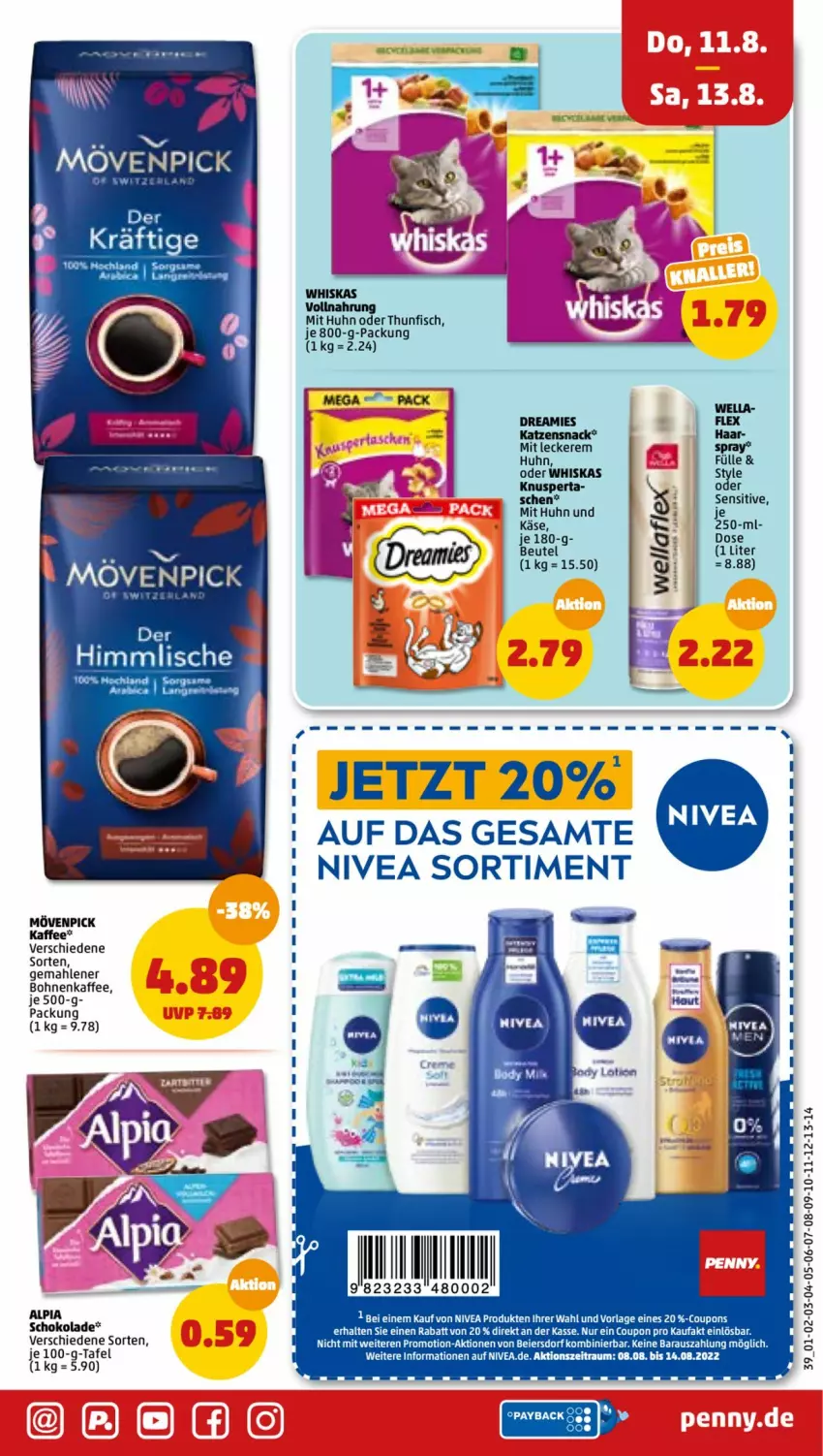 Aktueller Prospekt Penny - Prospekte - von 08.08 bis 13.08.2022 - strona 39 - produkty: alpia, beutel, coupon, coupons, dreamies, eier, fisch, Käse, katzensnack, nivea, schoko, schokolade, snack, thunfisch, Ti, Wella, whiskas