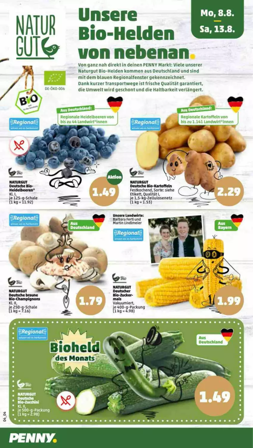 Aktueller Prospekt Penny - Prospekte - von 08.08 bis 13.08.2022 - strona 4 - produkty: beere, beeren, bio, braun, champignon, champignons, eier, ente, fenster, heidelbeere, heidelbeeren, kartoffel, kartoffeln, natur, Schal, Schale, Sport, tee, Ti