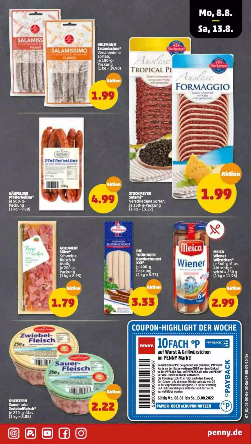 Aktueller Prospekt Penny - Prospekte - von 08.08 bis 13.08.2022 - strona 7 - produkty: angebot, angebote, coupon, eis, erde, fleisch, grill, LG, payback, salami, Ti, wiener, wiener würstchen, wurst, würstchen, zwiebel