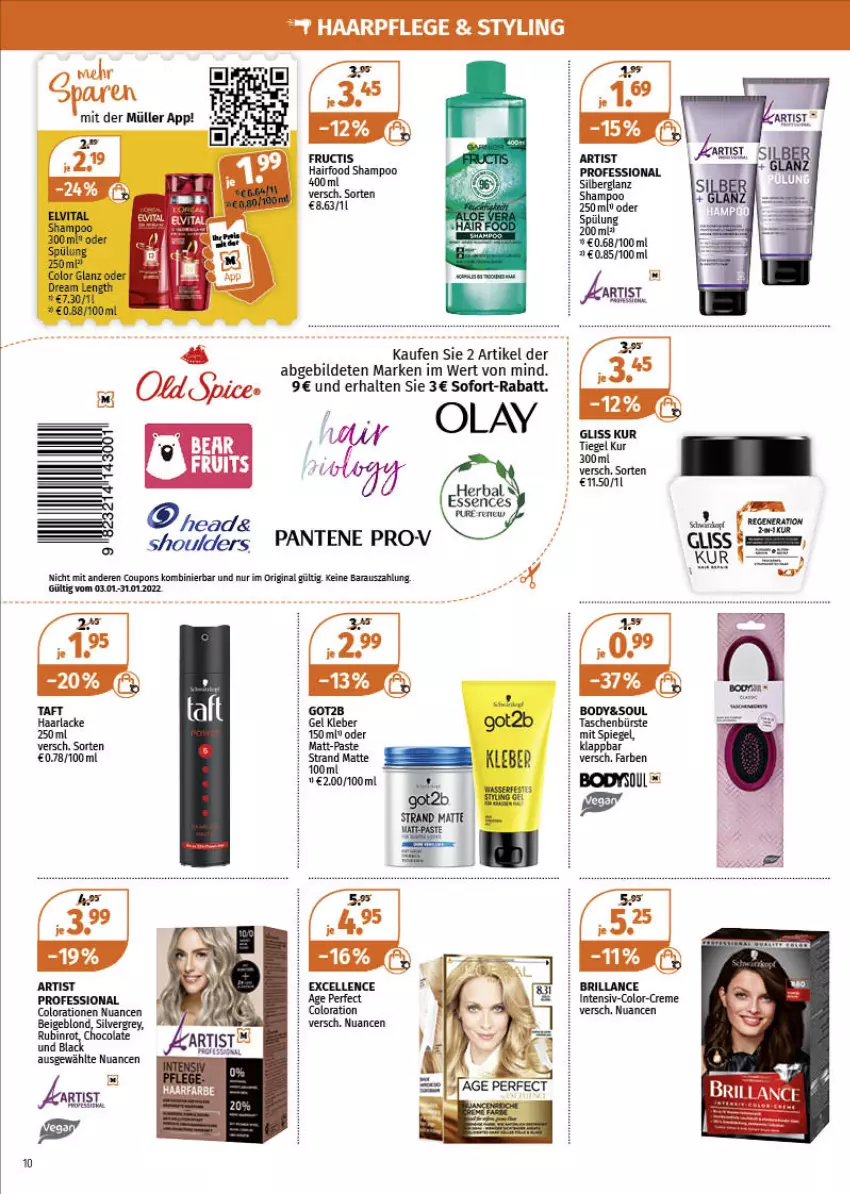 Aktueller Prospekt Mueller - Müller Prospekt - von 03.01 bis 08.01.2022 - strona 10 - produkty: arla, body, brillance, cola, Colorationen, coupon, coupons, creme, elle, elvital, fructis, gin, gliss, gliss kur, got2b, Haarlack, kleber, lack, Lacke, Nuance, pantene, Rubin, shampoo, sofort-rabatt, spiegel, spülung, Taft, Ti, vita