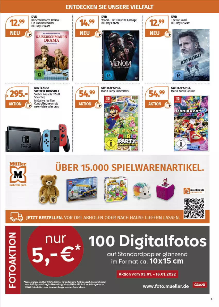 Aktueller Prospekt Mueller - Müller Prospekt - von 03.01 bis 08.01.2022 - strona 15 - produkty: blu-ray, dvd, elle, Kaiser, Müller, ndk, nintendo, Nintendo Switch, papier, rama, Roller, Tasche