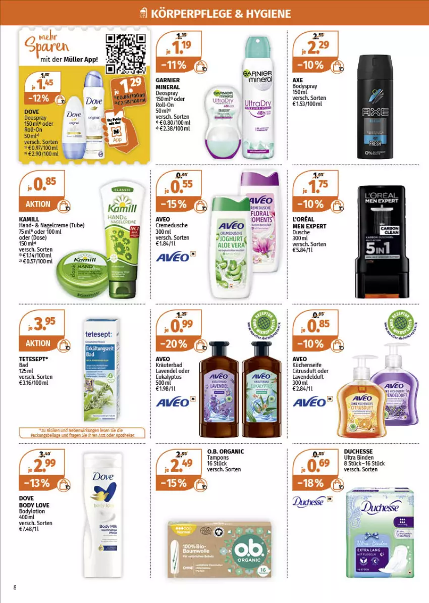 Aktueller Prospekt Mueller - Müller Prospekt - von 03.01 bis 08.01.2022 - strona 8 - produkty: Apotheke, aveo, citrus, creme, Kamill, körperpflege, küche, Küchen, Küchenseife, lavendel, Müller, roll-on, Seife, Tampon, tampons