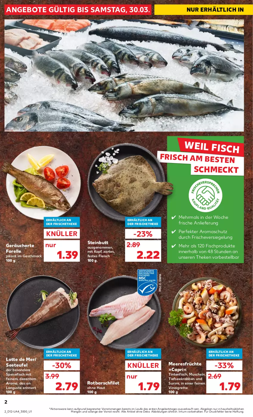 Aktueller Prospekt Kaufland - Umschlag - von 21.03 bis 27.03.2024 - strona 2 - produkty: angebot, angebote, Cap, eis, elle, ente, filet, fisch, fleisch, forelle, früchte, HP, mac, meeresfrüchte, Muscheln, rel, Rotbarsch, rotbarschfilet, Ti, ZTE