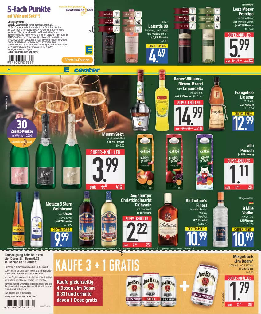 Aktueller Prospekt Edeka - Angebote der Woche - von 09.10 bis 14.10.2023 - strona 14 - produkty: alkohol, ball, Birnen, blended scotch, blended scotch whisky, Brei, burger, coupon, coupons, deka, deutschlandcard, eis, ente, erde, fisch, flasche, fleisch, frangelico, Geflügel, getränk, gin, Glühwein, grüner veltliner, hartkäse, jim beam, Käse, lamm, Lenz Moser, limo, liqueur, Metaxa, Mixgetränk, moser, mumm, ouzo, pilze, Pinot, pinot grigio, primitivo, reis, rind, rindfleisch, ring, scotch, scotch whisky, sekt, super-knüller, Ti, vodka, wein, weinbrand, whisky, ZTE