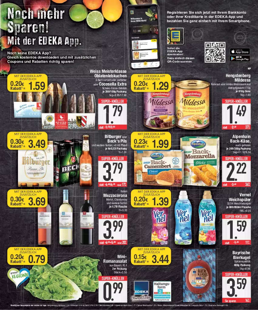 Aktueller Prospekt Edeka - Angebote der Woche - von 09.10 bis 14.10.2023 - strona 17 - produkty: Alpenhain, auer, Bank, bier, bitburger, burger, chardonnay, cocos, corona, coupon, coupons, deka, eis, flasche, hengstenberg, Käse, Kraut, kuchen, Kugel, Lebkuchen, Meister, merl, merlot, mezzacorona, nuss, Oblaten, pils, reis, Romanasalat, salat, Sauerkraut, schoko, smartphone, spitzenqualität, super-knüller, Ti, vernel, weichspüler, wein, Weinsauerkraut, ZTE