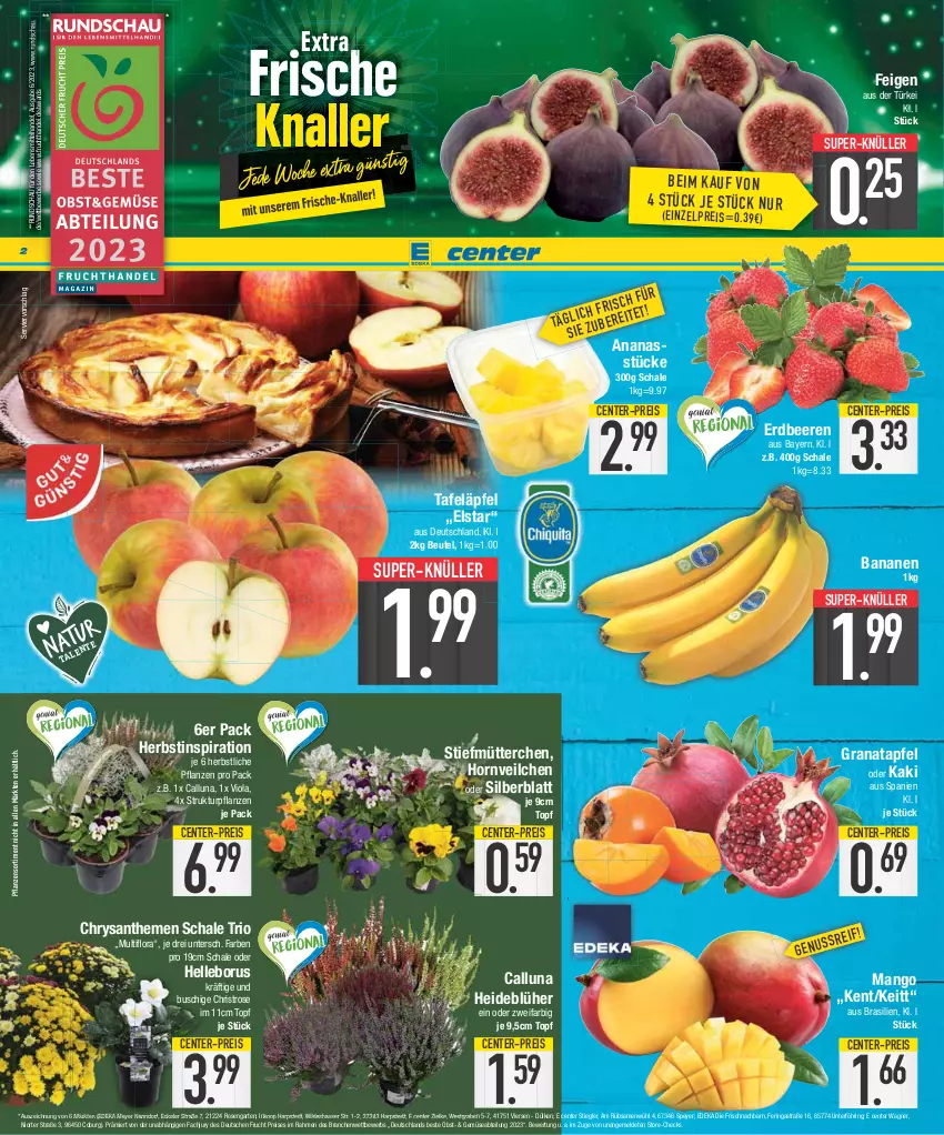 Aktueller Prospekt Edeka - Angebote der Woche - von 09.10 bis 14.10.2023 - strona 2 - produkty: Abtei, ananas, Ananasstücke, apfel, Astra, banane, bananen, beere, beeren, beutel, chrysanthemen, deka, eis, elle, ente, erdbeere, erdbeeren, Feigen, frucht, Garten, grana, granatapfel, Kaki, lebensmittel, mango, obst, pflanze, pflanzen, Rana, reis, ring, rosen, Schal, Schale, speyer, Stiegl, super-knüller, tafeläpfel, Ti, topf, wagner, Wild