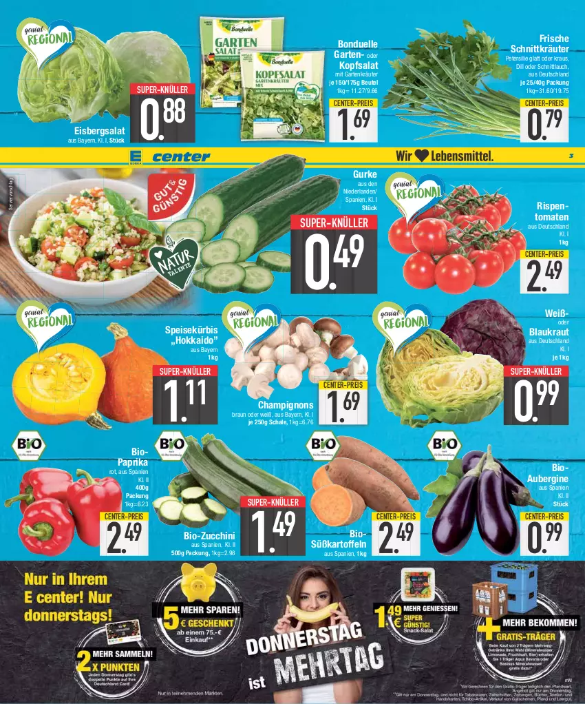 Aktueller Prospekt Edeka - Angebote der Woche - von 09.10 bis 14.10.2023 - strona 3 - produkty: aubergine, beutel, bio, bio-zucchini, bonduelle, braun, champignon, champignons, champignons braun, eis, eisbergsalat, elle, ente, Garten, gin, gurke, kartoffel, kartoffeln, kopfsalat, Kraut, kräuter, Kürbis, paprika, petersilie, reis, rispentomaten, salat, Schal, Schale, schnittlauch, super-knüller, Süßkartoffeln, tomate, tomaten, zucchini