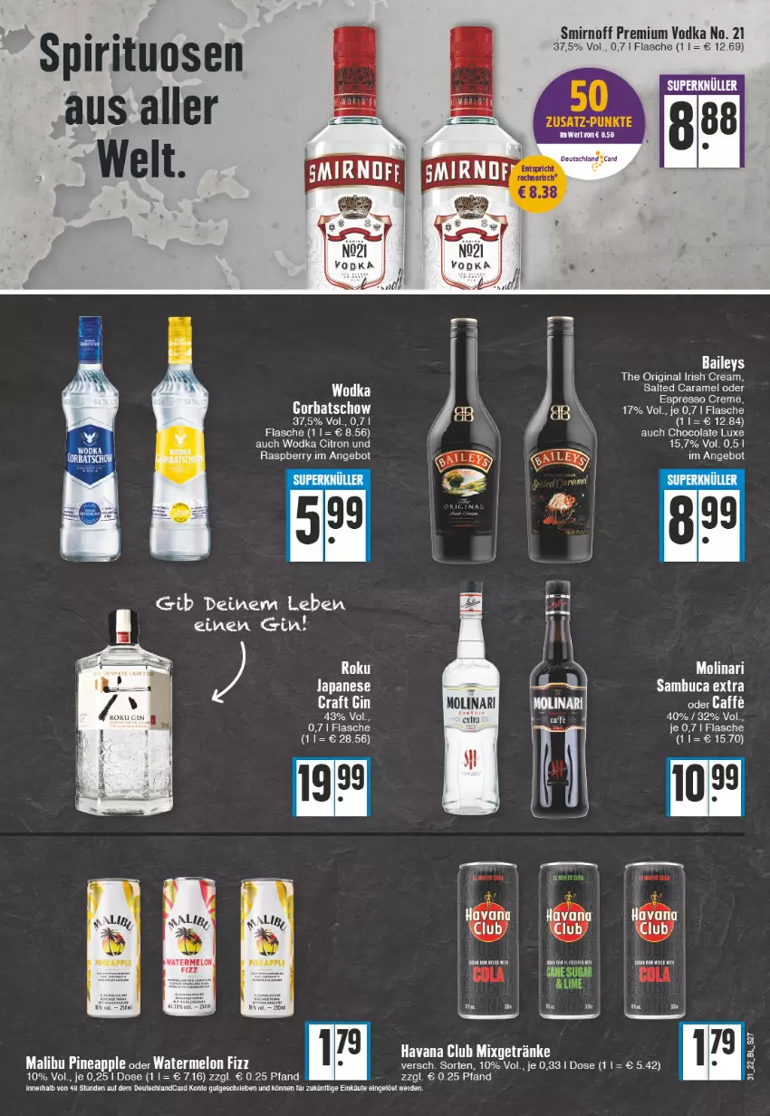 Aktueller Prospekt Edeka - Angebote der Woche - von 01.08 bis 06.08.2022 - strona 27 - produkty: angebot, Apple, baileys, caramel, cola, erde, flasche, getränk, getränke, gin, Gorbatschow, Havana Club, irish cream, Malibu, Mixgetränk, Molinari, premium vodka, raspberry, smirnoff, Ti, vodka, wodka