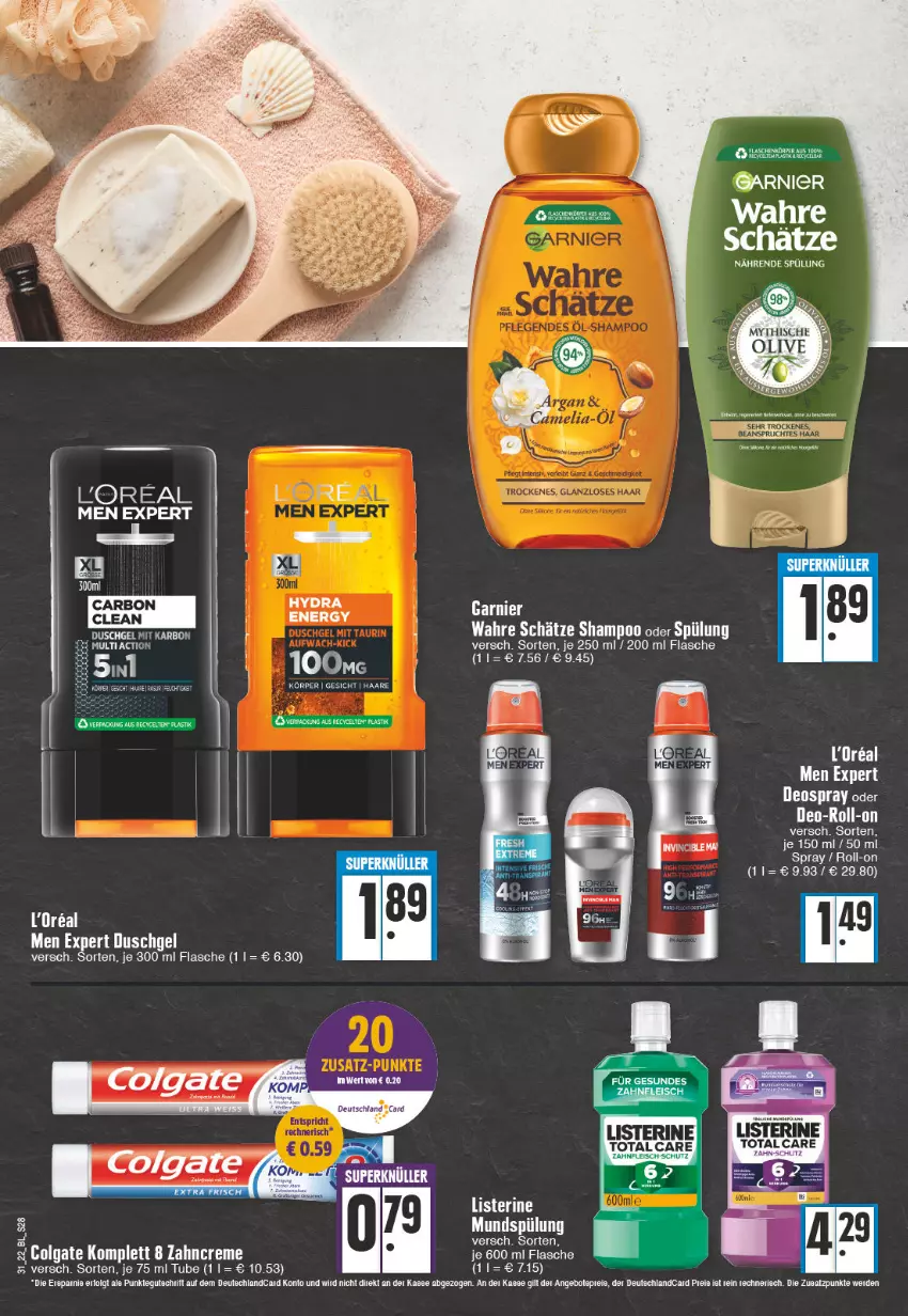 Aktueller Prospekt Edeka - Angebote der Woche - von 01.08 bis 06.08.2022 - strona 28 - produkty: angebot, angebote, colgate, creme, deo, deutschlandcard, duschgel, eis, flasche, fleisch, LG, mundspülung, roll-on, shampoo, shampoo oder spülung, spülung, Ti, Wahre Schätze, zahncreme