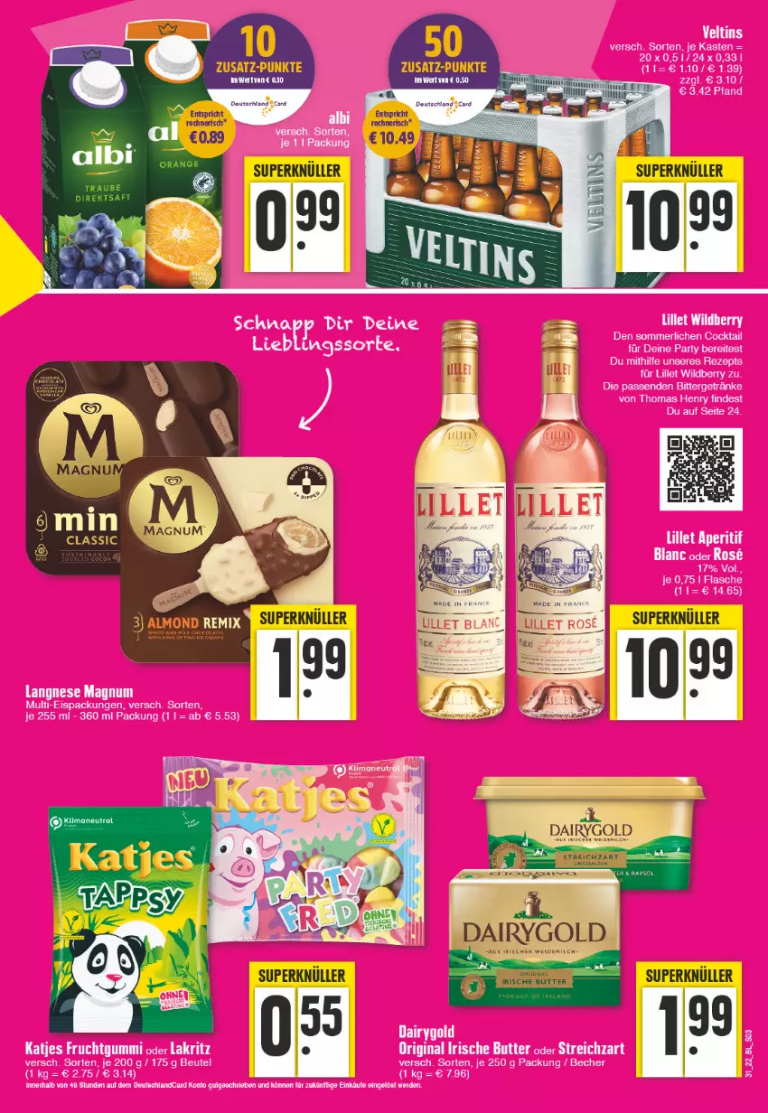 Aktueller Prospekt Edeka - Angebote der Woche - von 01.08 bis 06.08.2022 - strona 3 - produkty: Becher, butter, cocktail, Dairygold, eis, erde, flasche, frucht, fruchtgummi, getränk, getränke, gin, irische butter, katjes, kerze, Lakritz, langnese, lillet, magnum, merl, milch, rezept, Streichzart, thomas henry, Ti, weidemilch, Wild, ZTE