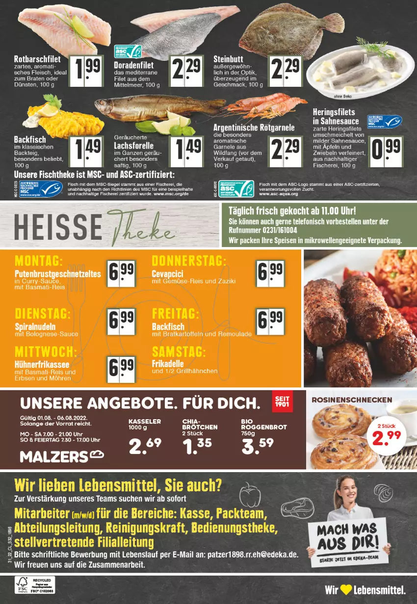 Aktueller Prospekt Edeka - Angebote der Woche - von 01.08 bis 06.08.2022 - strona 32 - produkty: angebot, angebote, apfel, backfisch, basmati, basmati-reis, bio, bolognese, braten, chia, curry, deka, Dorade, eier, eis, elle, erbsen, filet, filets, fisch, fische, Fischer, fischtheke, fleisch, forelle, grill, grillhähnchen, hering, Herings, heringsfilets, hühner, ideal zum braten, kartoffel, kartoffeln, kasseler, lachs, lebensmittel, LG, mac, malz, mit gemüse, möhren, nerf, papier, reis, rel, remoulade, ring, Rotbarsch, rotbarschfilet, saft, sahne, sauce, Schere, telefon, Ti, tisch, uhr, Wild, zaziki, zwiebel, zwiebeln