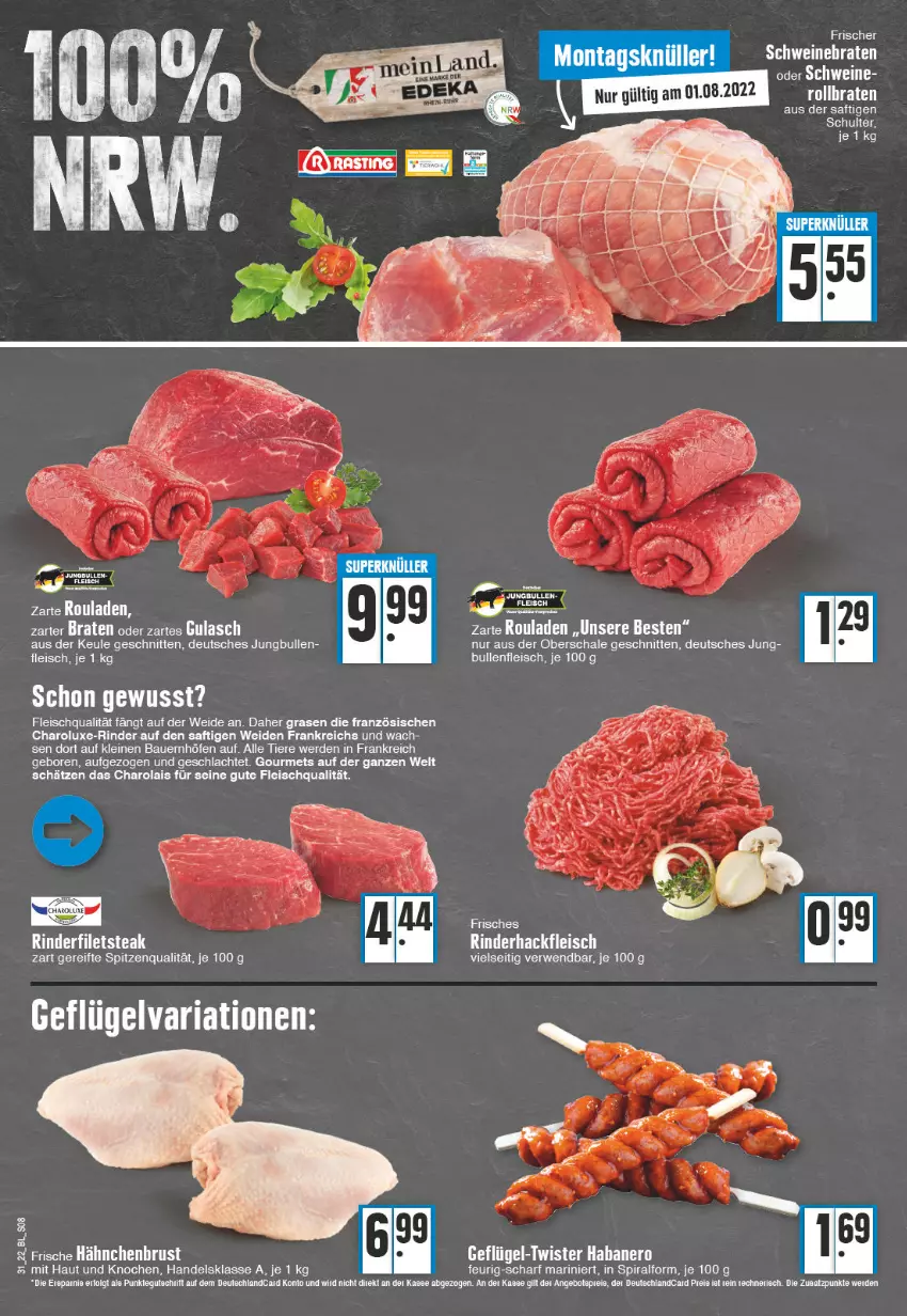 Aktueller Prospekt Edeka - Angebote der Woche - von 01.08 bis 06.08.2022 - strona 8 - produkty: auer, Bau, Bauer, braten, eier, eis, erde, filet, filets, fleisch, Frische Hähnchen, Geflügel, gulasch, hackfleisch, hähnchenbrust, jungbullen, leine, nero, rasen, Ria, rind, rinder, rinderfilet, rinderhackfleisch, rouladen, rwe, saft, Schal, Schale, schnitten, spitzenqualität, steak, tee, Ti, Tiere, wein, weine