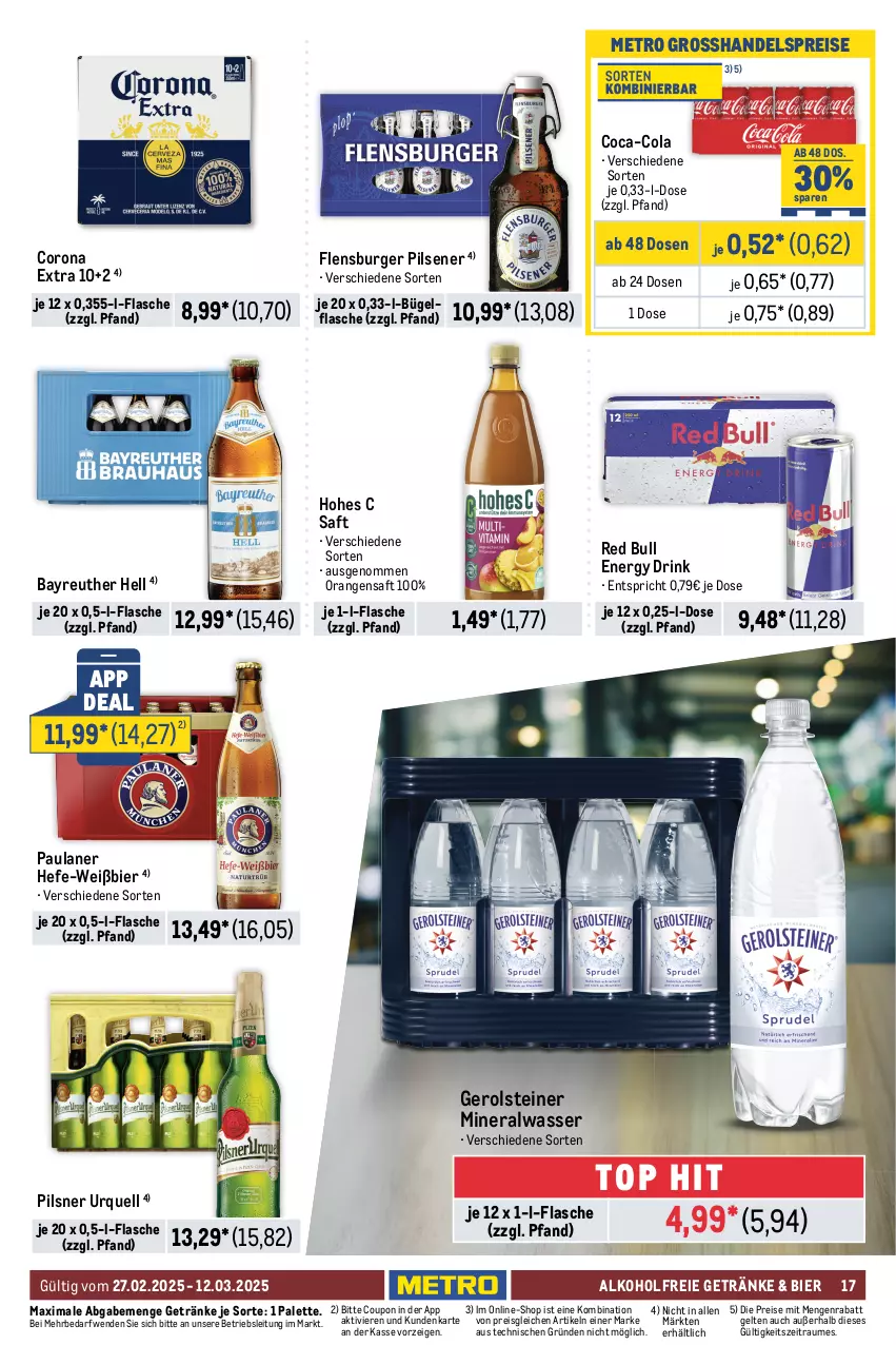 Aktueller Prospekt Metro - Food-Nonfood - von 27.02 bis 12.03.2025 - strona 17 - produkty: alkohol, alkoholfreie getränke, Alwa, ball, beutel, bier, bügel, bügelflasche, burger, coca-cola, cola, corona, corona extra, coupon, cracker, drink, duplo, eis, energy drink, erdnüsse, ferrero, flasche, flensburger, gerolsteine, gerolsteiner, getränk, getränke, haribo, Hefe, Hohes C, Kinder, kinder riegel, knoppers, lindt, Metro, milka, mineralwasser, orange, orangen, orangensaft, Palette, Paula, paulaner, pils, pilsener, pilsner, pilsner urquell, pralinen, red bull, reis, riegel, saft, salz, schoko, schokolade, spaghetti, steiner, tafelschokolade, Ti, tuc, ültje, ültje erdnüsse, wasser