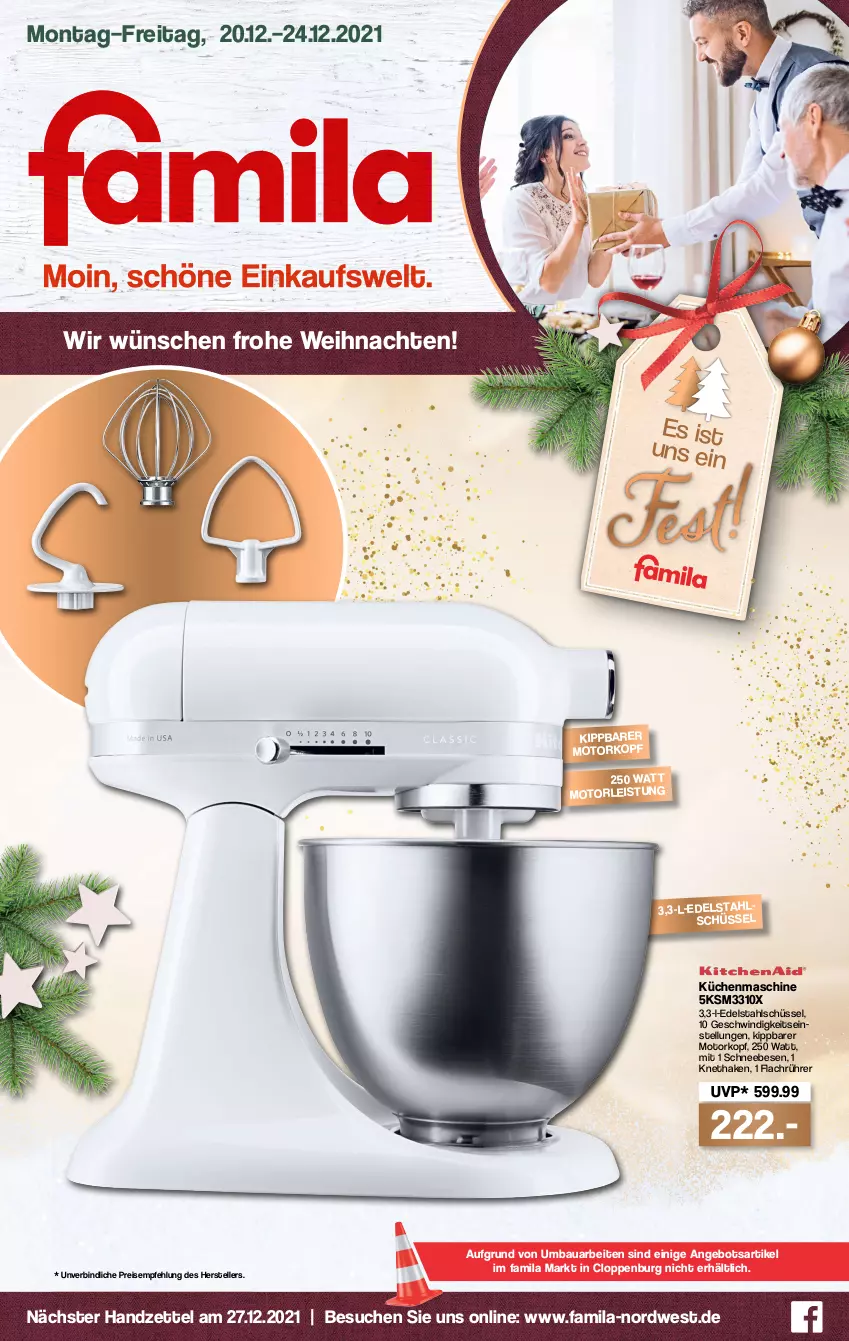 Aktueller Prospekt Famila - Prospekte - von 20.12 bis 24.12.2021 - strona 1 - produkty: angebot, Bau, edelstahl, eis, elle, küche, Küchen, küchenmaschine, reis, Schneebesen, schüssel, teller, Ti, weihnachten