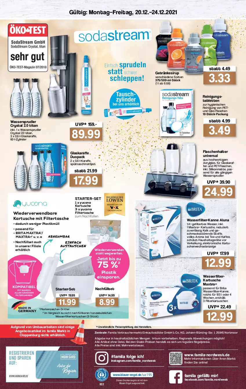 Aktueller Prospekt Famila - Prospekte - von 20.12 bis 24.12.2021 - strona 4 - produkty: angebot, asti, auer, Bau, brita, drucker, eis, Elan, Elektro, elle, Engel, filterkartuschen, flasche, Germ, getränk, getränke, getränkesirup, glaskaraffe, Haushaltsgeräte, kaffee, Karaffe, kerze, LG, mac, Maxtra, passend für alle, pet-flasche, pet-flaschen, Rauch, regal, Reinigung, reis, ritter, rwe, sirup, spülmaschinen, tablet, tablett, Tablette, Tasche, tee, teller, Ti, wasser, wasserfilter, wassersprudler