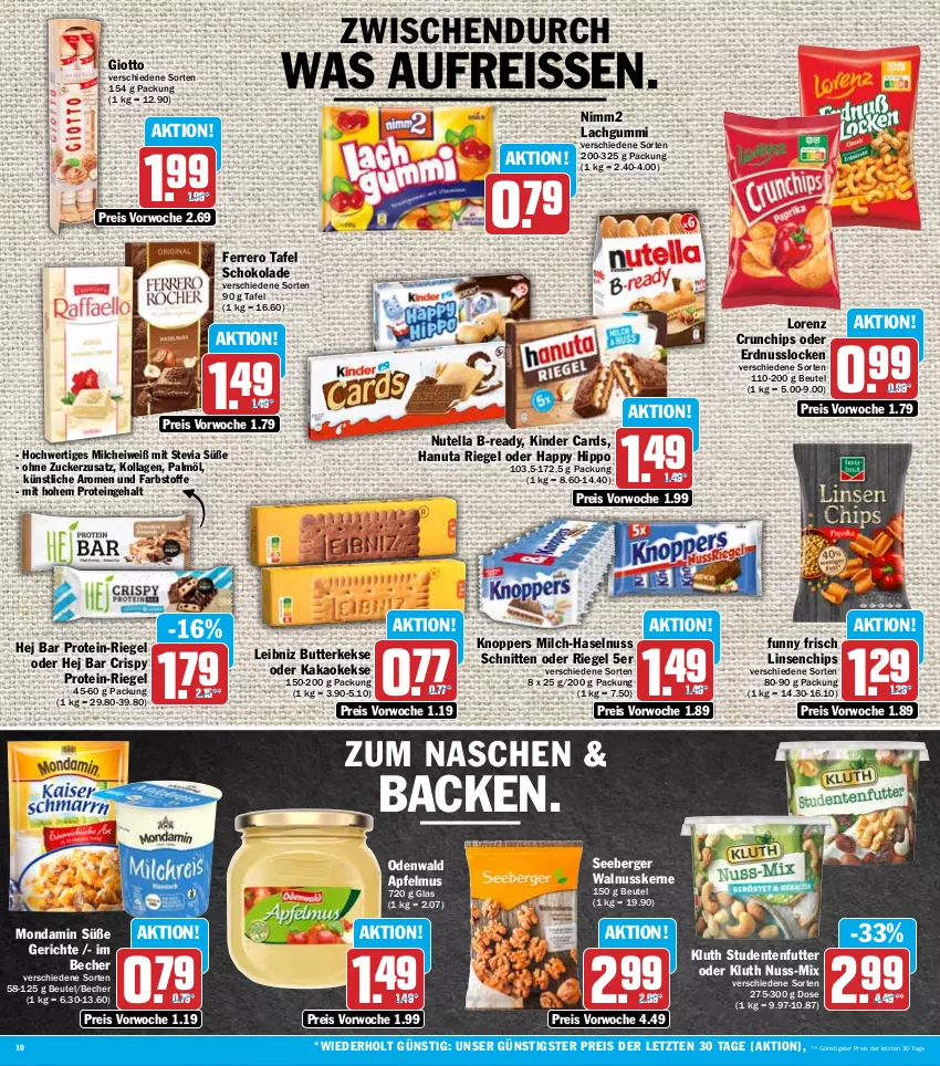 Aktueller Prospekt Hit - Prospekte - von 15.08 bis 20.08.2022 - strona 10 - produkty: apfel, apfelmus, Becher, Berger, beutel, butter, butterkeks, chips, crunchips, eis, ente, erdnuss, ferrero, Funny Frisch, giotto, hanuta, haselnuss, hipp, kakao, keks, kekse, Kinder, knoppers, Kollagen, lachgummi, leibniz, linsen, lorenz, lorenz crunchips, milch, mondamin, nimm2, nuss, nutella, odenwald, reis, reiss, riegel, schnitten, schoko, schokolade, seeberger, studentenfutter, Ti, walnuss, walnusskerne, ZTE, zucker