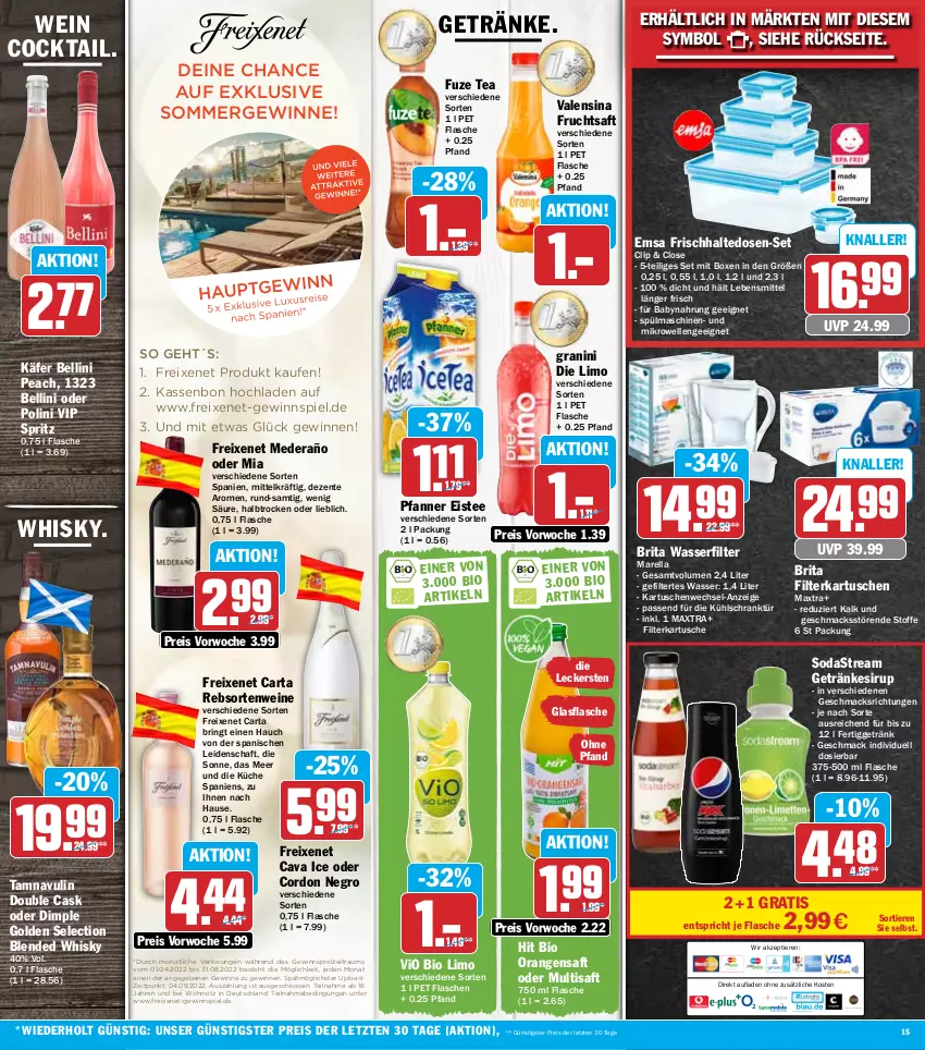 Aktueller Prospekt Hit - Prospekte - von 15.08 bis 20.08.2022 - strona 15 - produkty: Babynahrung, bio, bio limo, brita, Cava, cocktail, eis, eistee, elle, emsa, ente, filterkartuschen, flasche, freixenet, frischhaltedosen, frucht, fruchtsaft, fuze tea, getränk, getränke, getränkesirup, gewinnspiel, glasflasche, granini, granini die limo, käfer, küche, kühlschrank, lebensmittel, limo, mac, Maxtra, mikrowelle, orange, orangen, orangensaft, pfanne, Pfanner, rebsortenweine, reis, rel, ring, saft, Schrank, sirup, Soda, sodastream, spülmaschinen, tee, Ti, Tiere, valensina, vio bio limo, wasser, wasserfilter, wein, weine, whisky, ZTE