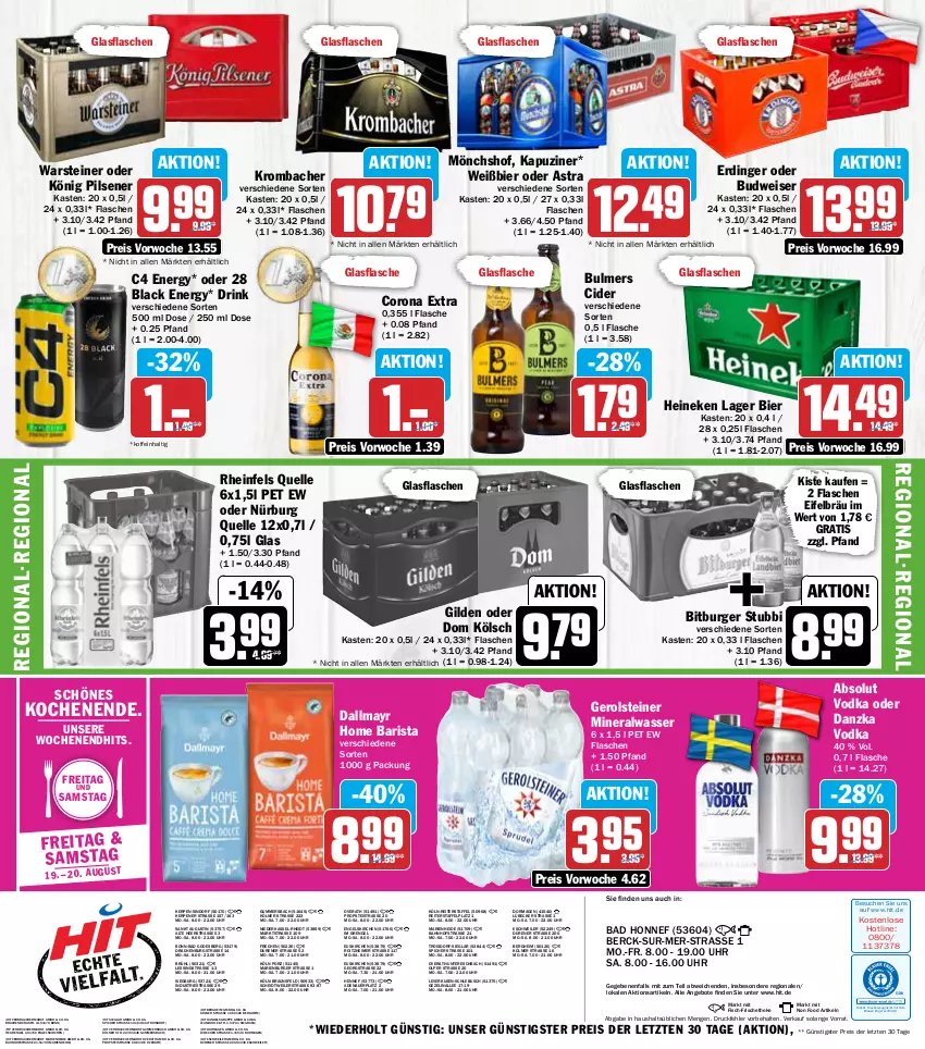 Aktueller Prospekt Hit - Prospekte - von 15.08 bis 20.08.2022 - strona 16 - produkty: Absolut Vodka, Alwa, angebot, angebote, Astra, auer, Bad, bier, bitburger, braun, budweiser, burger, cider, corona, corona extra, dallmayr, drink, drucker, eimer, eis, elle, Engel, erdinger, fisch, flasche, gerolsteine, gerolsteiner, glasflasche, heineken, kerze, könig pilsener, krombache, krombacher, lack, Lübecker, mineralwasser, mönchshof, pils, pilsener, Rauch, reis, rheinfels quelle, steiner, Ti, uhr, vodka, warsteiner, wasser, ZTE