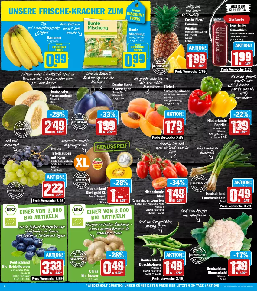 Aktueller Prospekt Hit - Prospekte - von 15.08 bis 20.08.2022 - strona 2 - produkty: ananas, aprikose, aprikosen, auer, aus dem kühlregal, banane, bananen, beere, beeren, beutel, bio, blume, blumen, blumenkohl, bohne, bohnen, braten, Buschbohnen, dessert, discount, eis, Elan, fisch, flasche, fleisch, frucht, früchte, fruchtfleisch, glasflasche, grill, heidelbeere, heidelbeeren, honig, ingwer, joghur, joghurt, kiwi, Kiwi Gold, kracher, kuchen, kühlregal, kühlschrank, Lauchzwiebel, lauchzwiebeln, mac, mandel, marmelade, melone, nuss, obst, paprika, Pfannkuchen, regal, reis, Ria, rispentomaten, rwe, saft, salat, salate, schinken, Schrank, smoothie, smoothies, snack, tafeltrauben, Ti, tisch, tomate, tomaten, trauben, true fruits, vorspeise, ZTE, zucker, zwiebel, zwiebeln