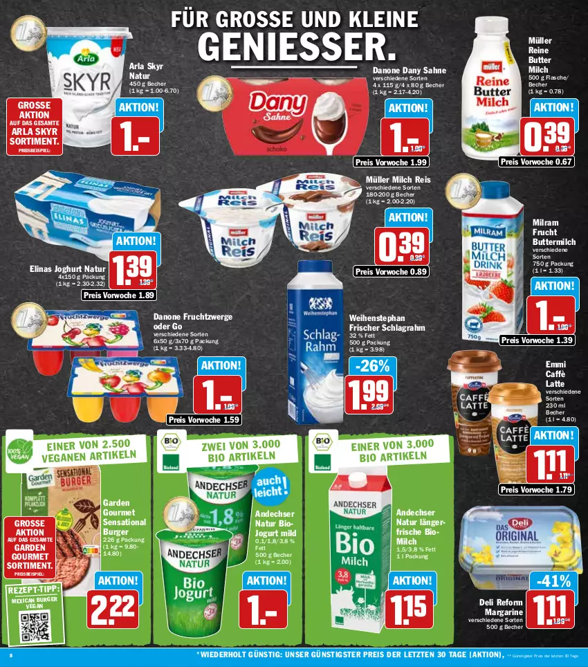 Aktueller Prospekt Hit - Prospekte - von 15.08 bis 20.08.2022 - strona 8 - produkty: andechser natur, arla, arla skyr, Becher, bio, burger, butter, buttermilch, caffè latte, danone, danone fruchtzwerge, Dany, dany sahne, deli reform, eis, elinas, elinas joghurt, emmi, flasche, frucht, fruchtzwerge, garden gourmet, joghur, joghurt, jogurt, latte, leine, margarine, milch, milram, Müller, natur, reis, sahne, schlagrahm, Skyr, Ti, weihenstephan, ZTE