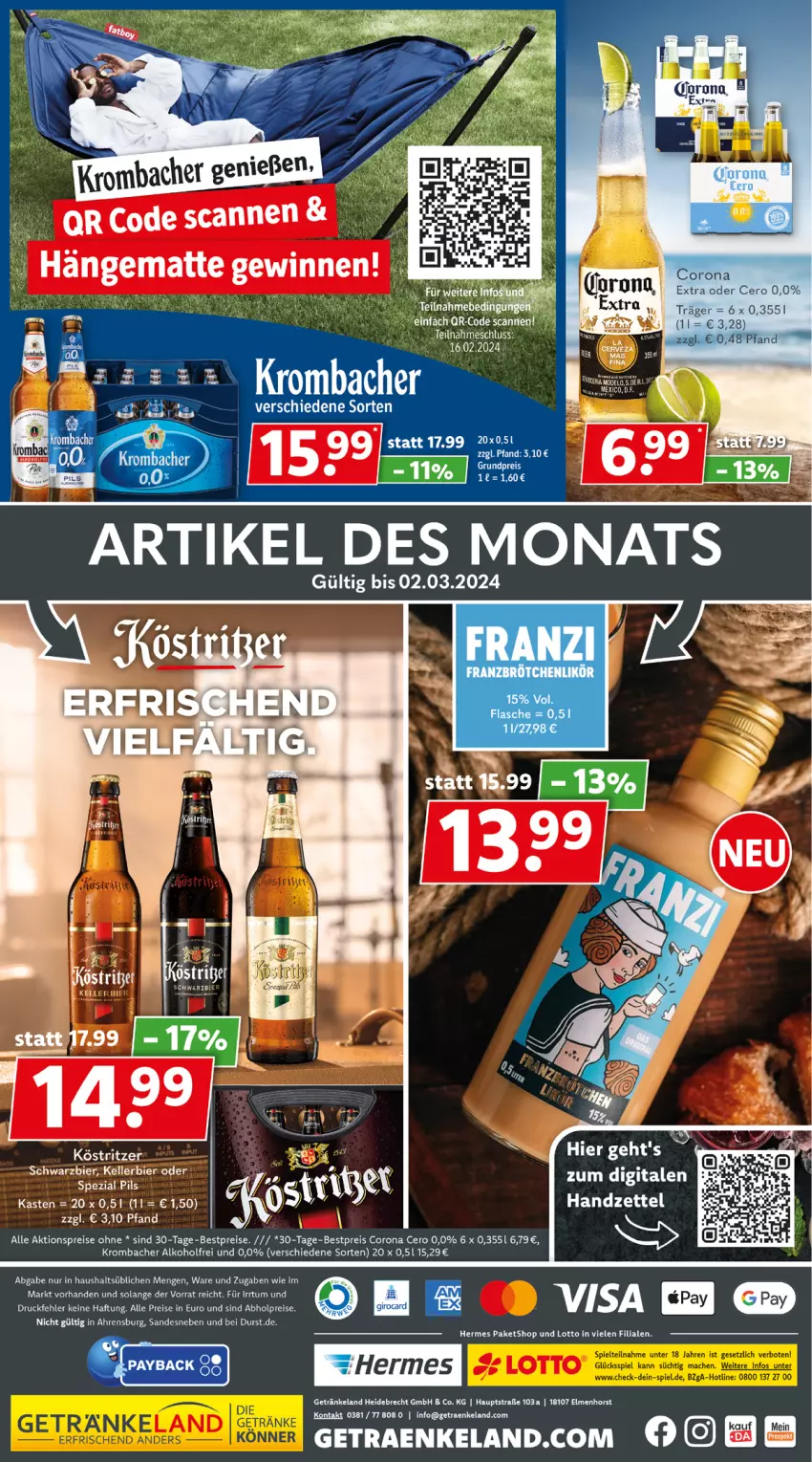 Aktueller Prospekt Getraenkeland - von 05.02 bis 17.02.2024 - strona 6 - produkty: abholpreise, aktionspreis, alkohol, bestpreis, bier, corona, eis, Elan, elle, getränk, getränke, kellerbier, krombache, krombacher, pils, reis, Spezi, Ti, uhr