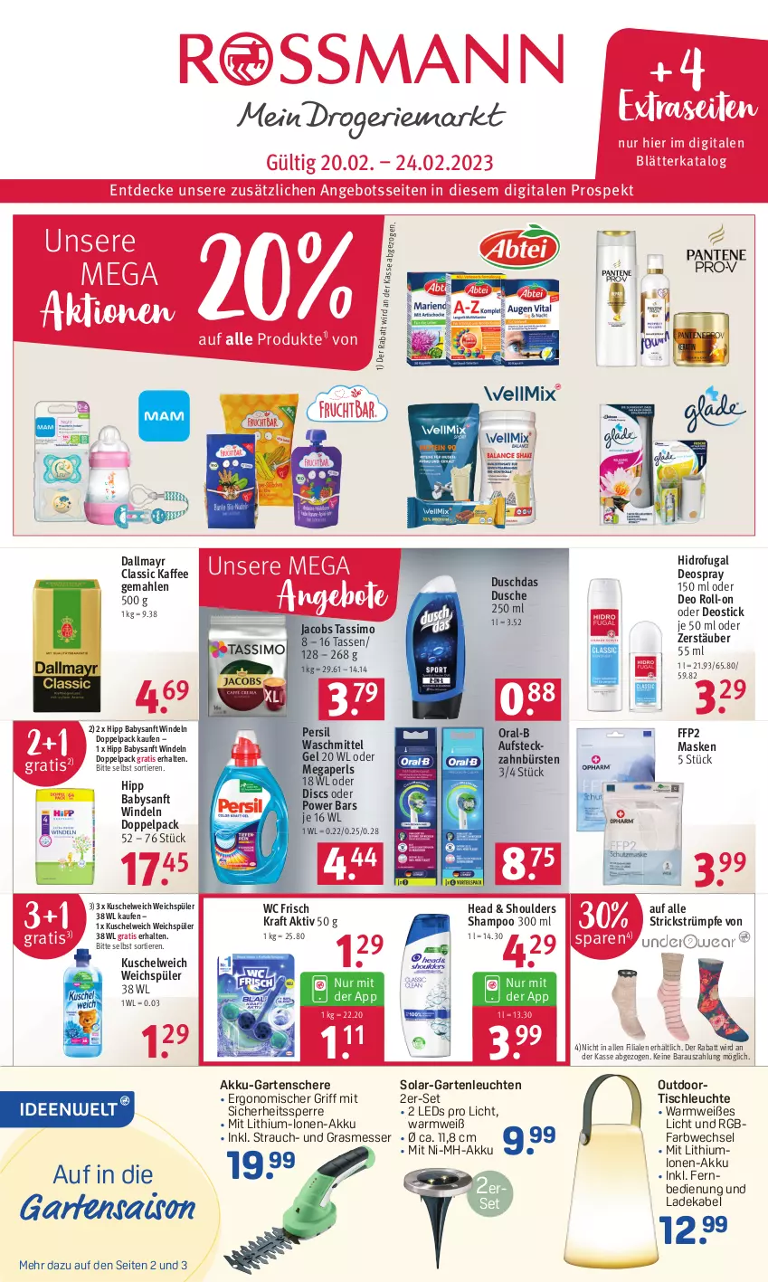 Aktueller Prospekt Rossmann - Prospekte - von 20.02 bis 24.02.2023 - strona 1 - produkty: akku, angebot, angebote, bürste, bürsten, dallmayr, decke, deka, deo, deo roll-on, deospray, deospray 150 ml, Deostick, duschdas, dusche, fernbedienung, FFP2, Garten, Gartenschere, hipp, jacobs, jacobs tassimo, kaffee, kraft, Kuschelweich, ladekabel, leds, Leuchte, leuchten, Maske, megaperls, messer, oder deo roll-on, oral-b, persil, persil waschmittel, Rauch, roll-on, Schere, shampoo, sim, strümpfe, tasse, tassimo, Ti, Tiere, tisch, tischleuchte, waschmittel, wc frisch, WC Frisch Kraft Aktiv, weichspüler, windeln, zahnbürste, zahnbürsten