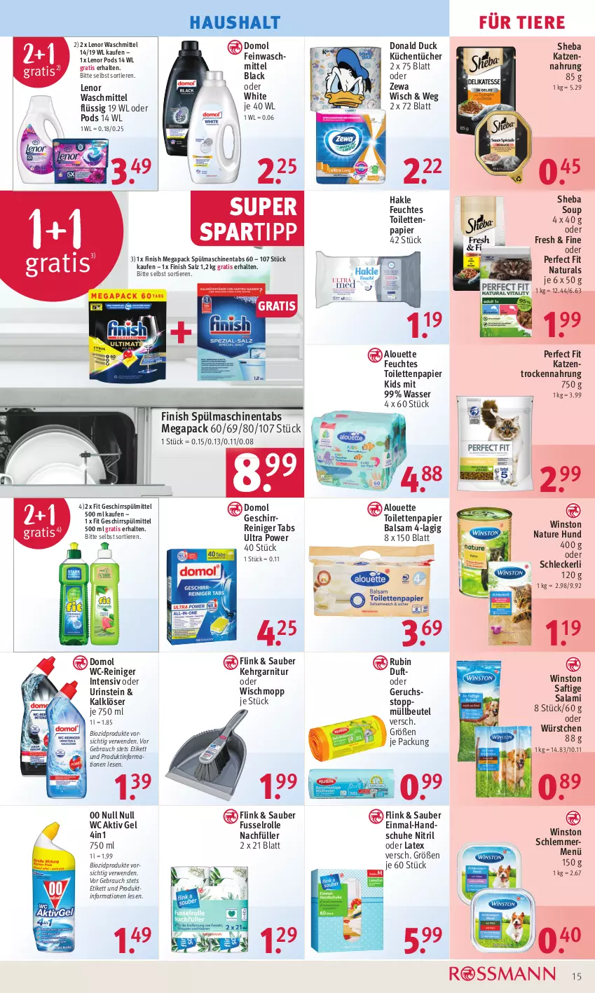 Aktueller Prospekt Rossmann - Prospekte - von 20.02 bis 24.02.2023 - strona 15 - produkty: aktiv gel, alouette, angebot, angebote, balsam, beutel, bio, biozidprodukte, Domol, Duck, feinwaschmittel, feuchtes toilettenpapier, Finish, garnitur, geschirr, geschirrspülmittel, hakle, handschuhe, katzennahrung, Kehrgarnitur, küche, Küchen, küchentücher, lack, lenor, lenor waschmittel, müllbeutel, natur, natura, papier, Perfect Fit, Pods, Rauch, reiniger, Rubin, rwe, saft, salami, salz, schuhe, sheba, spartipp, spülmaschinen, spülmaschinentabs, spülmittel, Ti, Tiere, toilettenpapier, Trockennahrung, tücher, waschmittel, wasser, wc-reiniger, wedel, Wischmopp, würstchen, zewa