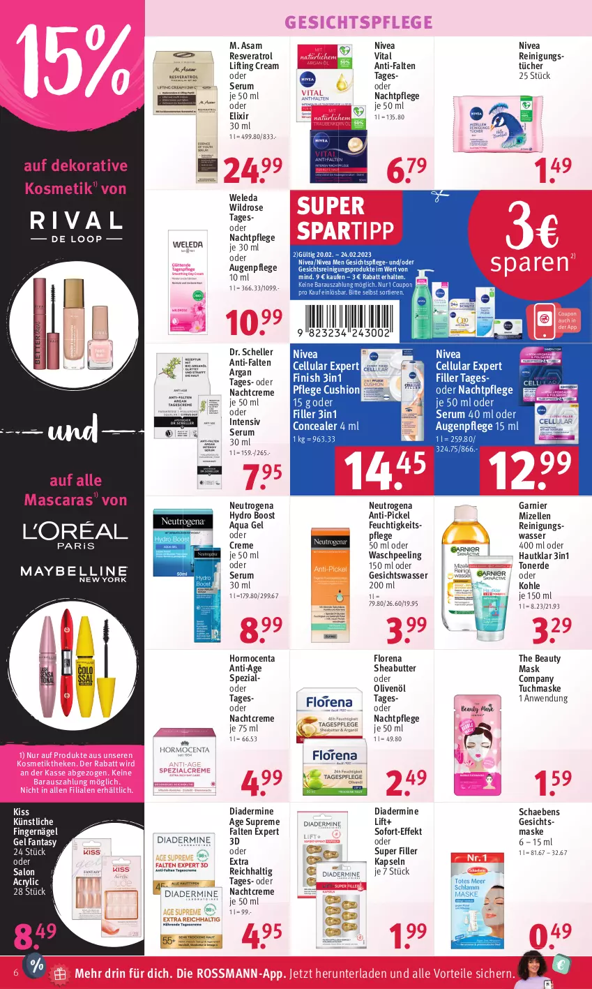 Aktueller Prospekt Rossmann - Prospekte - von 20.02 bis 24.02.2023 - strona 6 - produkty: aqua, Augenpflege, butter, coupon, creme, Diadermine, Dr. Scheller, elle, erde, fanta, feuchtigkeitspflege, Finish, garnier, Gesichtsmaske, gesichtspflege, Gesichtswasser, gsw, HP, kosmetik, Mascara, Maske, mizellen, Mizellen Reinigungswasser, nachtcreme, nachtpflege, neutrogena, nivea, Nivea Men, olive, oliven, olivenöl, Peeling, Reinigung, reinigungstücher, rum, Schaebens, Serum, Sheabutter, spartipp, Spezi, Ti, Tiere, Toner, tuc, tücher, tuchmaske, vita, wasser, weleda, Wild