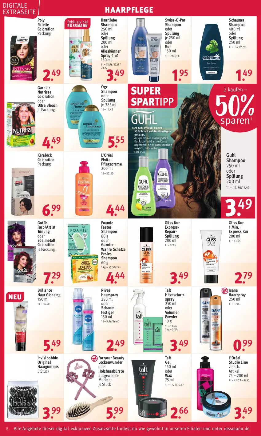 Aktueller Prospekt Rossmann - Prospekte - von 20.02 bis 24.02.2023 - strona 8 - produkty: angebot, angebote, bier, brillance, bürste, creme, dell, elle, elvital, For Your Beauty, garnier, gin, gliss, gliss kur, got2b, Guhl, haarpflege, haarspray, Holz, isana, Mode, nivea, Nutrisse, oder schaumfestiger, Palette, Pflegecreme, sana, schauma, schauma shampoo, schaumfestiger, shampoo, shampoo 250 ml, shampoo oder spülung, spartipp, spülung, spülung 200 ml, Swiss-o-Par, Taft, Ti, Tiere, vita, Wahre Schätze, Yo