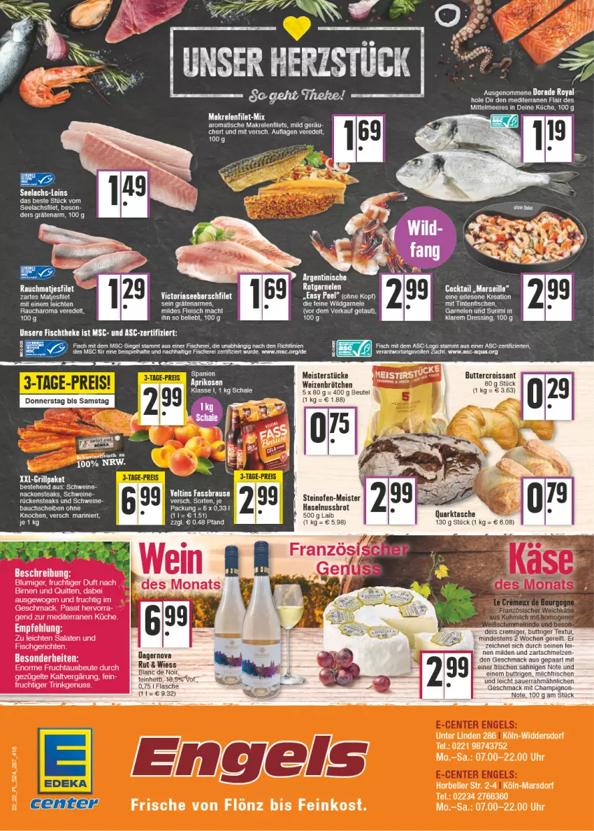 Aktueller Prospekt E Center - Angebote der Woche - von 30.05 bis 04.06.2022 - strona 24 - produkty: aqua, auer, Bau, bauchscheiben, beutel, Birnen, brause, brot, brötchen, butter, champignon, cocktail, Croissant, Dorade, dorade royal, dressing, eis, elle, fassbrause, feinkost, filet, filets, fisch, fische, Fischer, fischtheke, flasche, fleisch, frucht, grill, haselnuss, küche, lachs, lachsfilet, mac, Makrele, Makrelenfilets, mars, matjes, Matjesfilet, Meister, milch, Nackensteak, nackensteaks, nuss, Ofen, Rauch, rel, Ria, Rückensteak, rückensteaks, salat, salate, Sauerrahm, Schal, Schale, Schere, schwein, schweine, seelachsfilet, steak, steaks, steinofen, Tasche, Ti, tisch, tuc, uhr, usb, veltins, wein, weine, weizenbrötchen, Wild